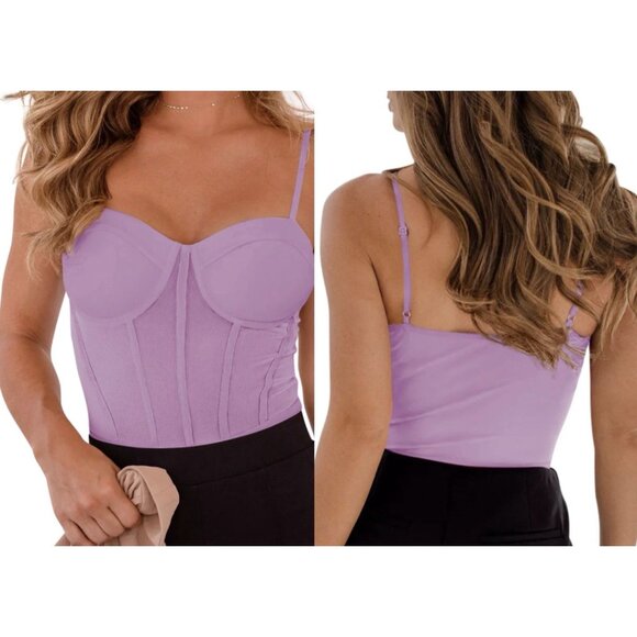 REORIA Tops - Women's XS Sheer Spaghetti Strap Corset Bodysuit With Built In Bra Violet REORIA